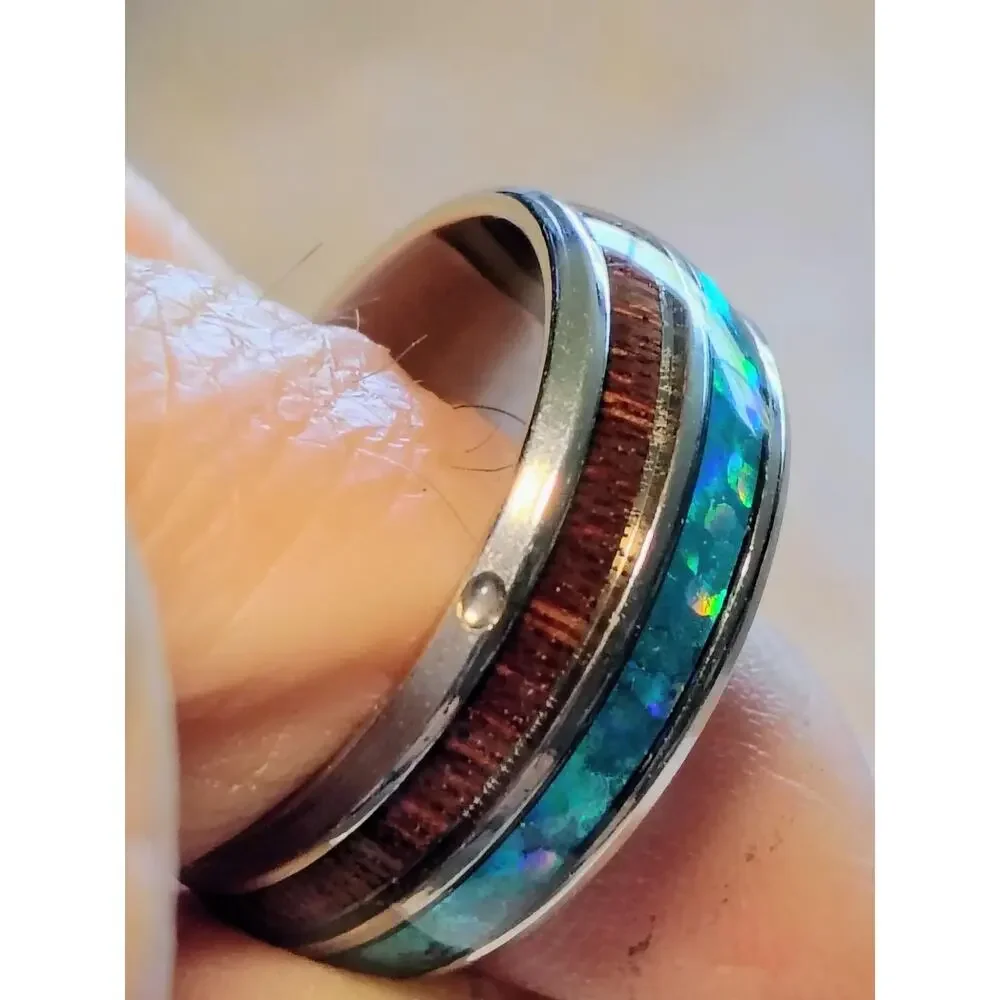 Blue Opal Koa Wood Inlay Comfort Band Ring Size 7